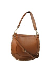 Bruine leren schoudertas met gouden studs langs de rand, een enkele ronde handgreep en een afneembare lange schouderriem voor veelzijdigheid.