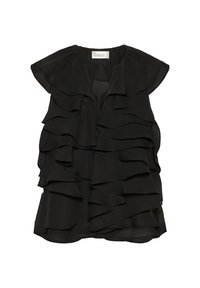 Čierna bezrukávová blúzka s viacerými vrstvami volánov a výstrihom do V od značky My Essential Wardrobe.