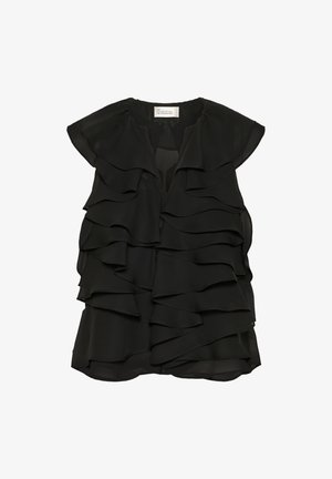 Zwarte mouwloze blouse met meerdere gelaagde volants en een V-hals van het merk My Essential Wardrobe.