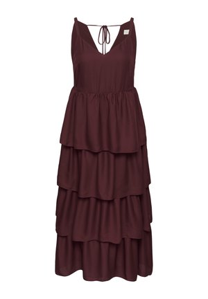 Rochie midi în straturi, fără mâneci, de culoare mov închis, cu decolteu în V și închidere cu fundă la spatele gâtului.