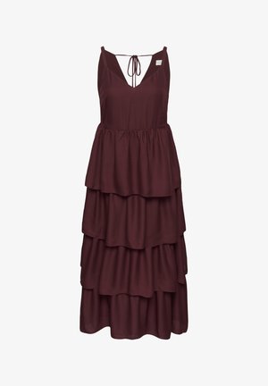 Sleeveless dark purple tiered midi dress with V-neck and tie closure at the back neckline.