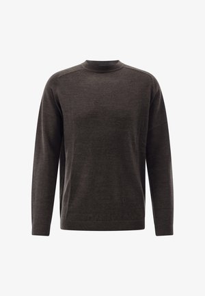 Dark brown knit sweater with a crew neck, long sleeves, and ribbed cuffs. Smooth texture and minimal seams for a clean design.
