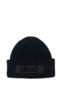 Čierna pletená čiapka s rebrovanou textúrou a preloženým okrajom, na ktorom je čierny štítok so silným nápisom "LIU.JO".