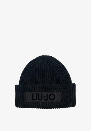 Sort strikket hue med ribbet tekstur og en foldet kant, der viser et sort mærke med "LIU.JO" i fed skrift.