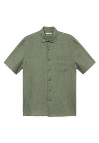 Zielona koszula z krótkim rękawem wykonana z teksturowanej tkaniny, z zapięciem na guziki z przodu, kieszenią na piersi i klasycznym kołnierzem.
