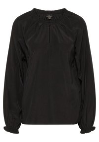 Blouse noire avec un col rond et des détails froncés. Elle présente des manches longues avec des poignets élastiqués et une petite ouverture à patte sur le devant.