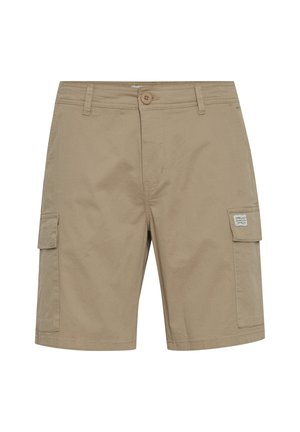 Beige cargo shorts valmistettu puuvillasta, joissa on kaksi sivutaskua, nappikiinnitys ja hillityt tikkaus yksityiskohdat.