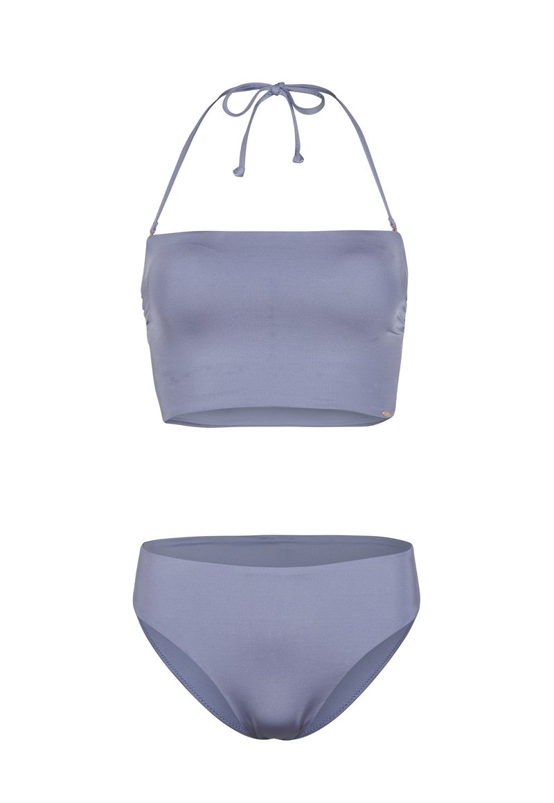 Ensemble de bikini deux pièces en lavande clair. Le haut présente un lien à nouer et un design sans coutures ; le bas a une finition lisse et une couverture moyenne.