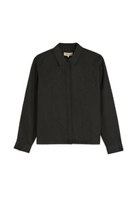 Czarna koszula z długim rękawem, z klasycznym kołnierzykiem, z subtelnym wzorem w kropki, teksturowanym materiałem i prostym krojem. Z przodu zapięcie na guziki.