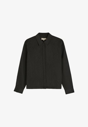 Czarna koszula z długim rękawem, z klasycznym kołnierzykiem, z subtelnym wzorem w kropki, teksturowanym materiałem i prostym krojem. Z przodu zapięcie na guziki.