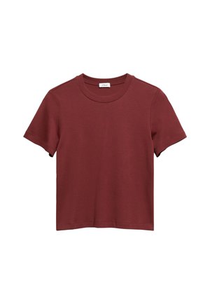 Maroon short-sleeve cotton t-shirt with round neckline and simple design, laid flat on a white background.