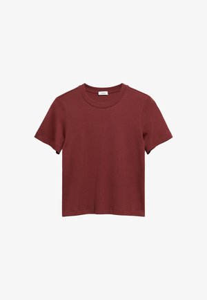 Bordeauxkleurig katoenen T-shirt met korte mouwen, ronde halslijn en simpel ontwerp, platliggend op een witte achtergrond.