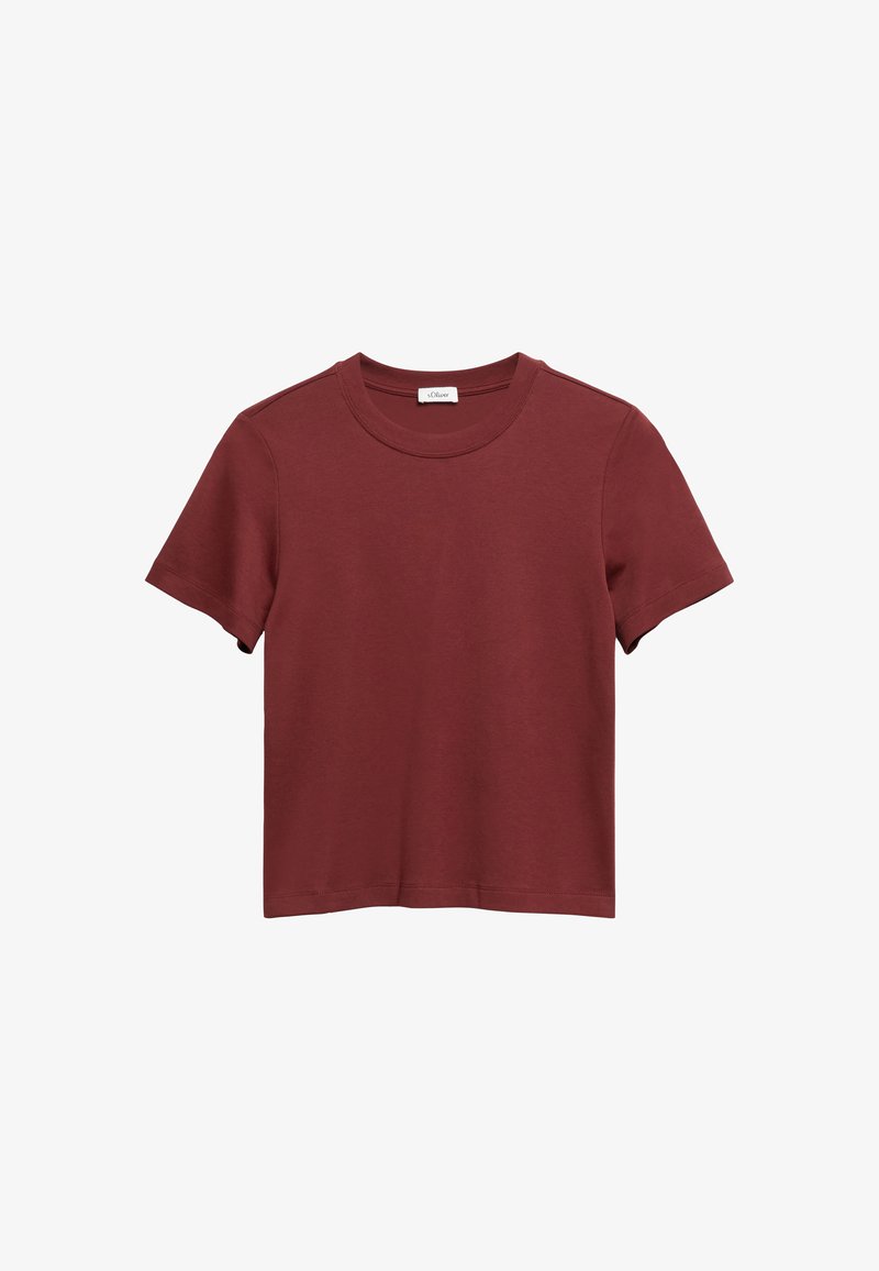 T-shirt en coton bordeaux à manches courtes, col rond et design simple, posé à plat sur un fond blanc.