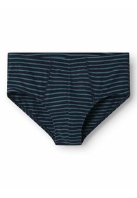 Chiloți navy blue cu dungi teal orizontale, realizați dintr-un material moale, având un design cu talie joasă și detalii cusute.