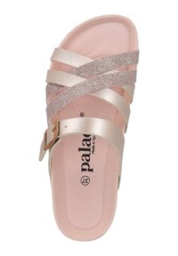 Sandale rose pâle avec un design à brides croisées, dotée de brides métalliques et d'une boucle. Semelle texturée, taille 37, marquée "palaci."