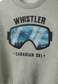 Sivi dukserica s izvezenim dizajnom skijaških naočala koja prikazuje planinski krajolik, s natpisom "WHISTLER Canadian Ski."