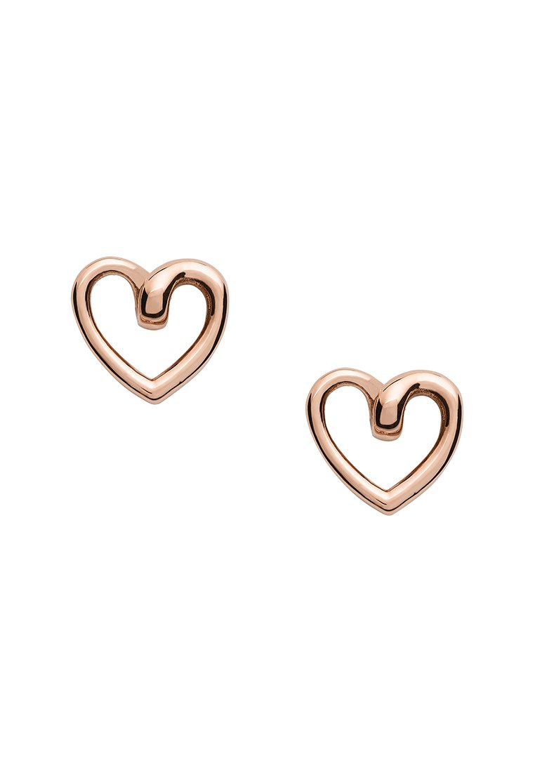Ohrringe in Herzform aus Roségold mit einer glatten, polierten Oberfläche und einem geschwungenen Design, das ein einzigartiges Detail mit offener Schlaufe aufweist.