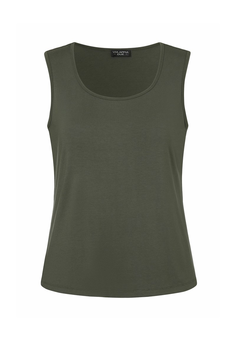 Olivenfarbenes Tanktop aus weichem, atmungsaktivem Stoff. Verfügt über einen runden Halsausschnitt und ein ärmelloses Design mit einer glatten, schlichten Textur.