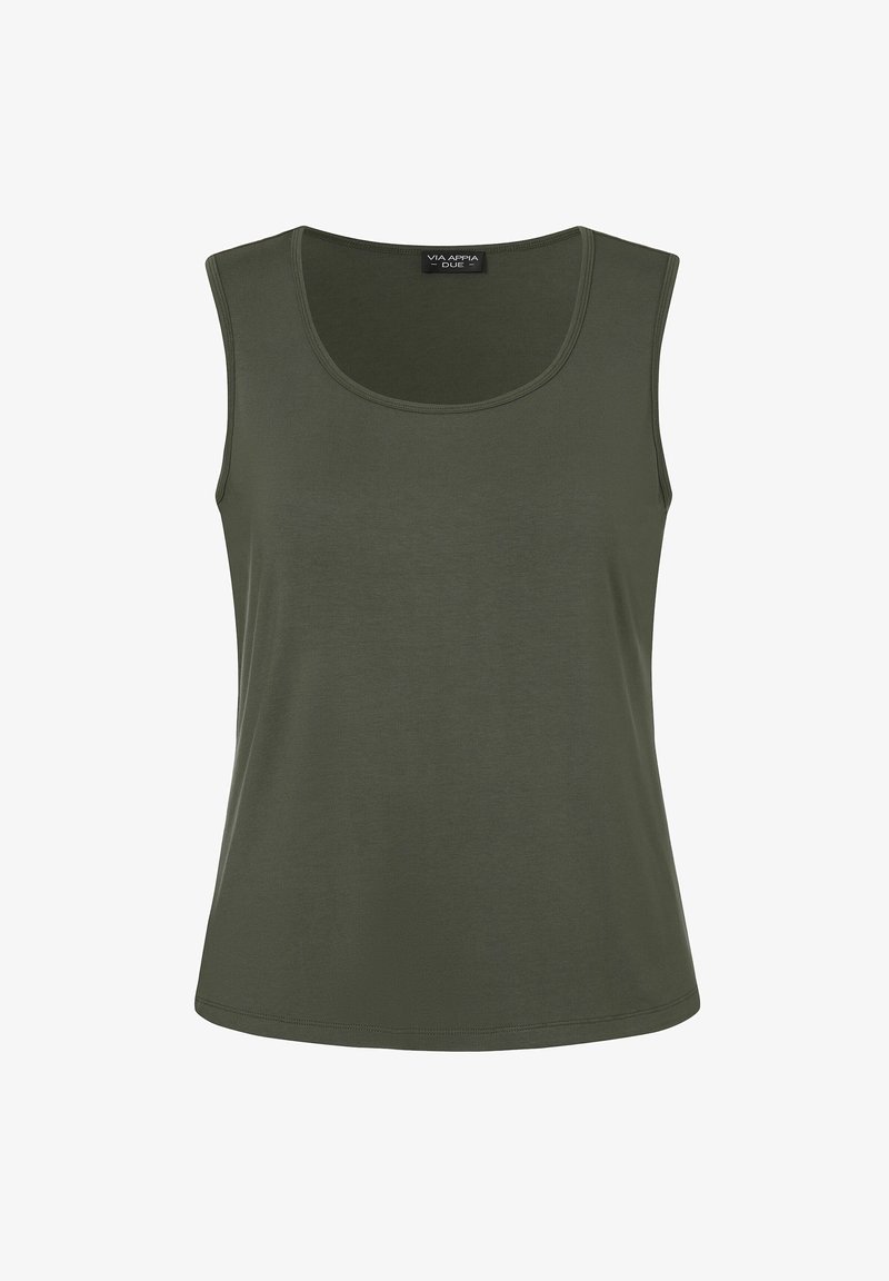 Olijfgroene tanktop gemaakt van zachte, ademende stof. Kenmerkt zich door een ronde halslijn en een mouwloos ontwerp met een gladde, effen textuur.