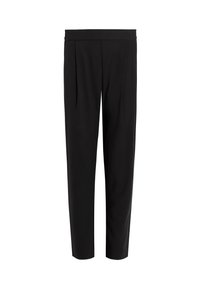 Pantaloni neri su misura con una texture liscia, caratterizzati da un design con pinces e un taglio dritto. Senza tasche visibili né decorazioni.