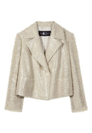 Beige textured women's blazer with sequins, long sleeves, wide lapels, and a slightly cropped fit by Luisa Cerano.