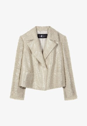 Beiger, strukturierter Damenblazer mit Pailletten, langen Ärmeln, weiten Revers und leicht taillierter Passform von Luisa Cerano.
