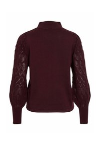 Pull violet foncé à manches longues avec col haut et manches en maille transparente à motifs, vu de dos.