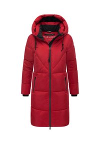 Red padded coat with a hood, featuring a front zipper, two side pockets, and contrasting black accents. Textured fabric with diamond quilting.