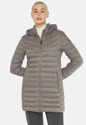 Lightweight gray puffer coat with horizontal and diagonal quilted patterns, a zip closure, and a cinched hood. Features side pockets.