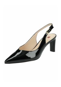 Tacco slingback in vernice nera con punta affusolata, tacco a blocco basso e cinturino alla caviglia regolabile. Texture liscia e linee pulite.