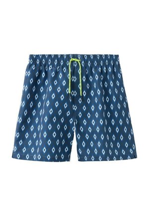 Pantaloni scurți de baie bleumarin cu modele de diamante albe și un șnur verde lime pe o talie elastică.