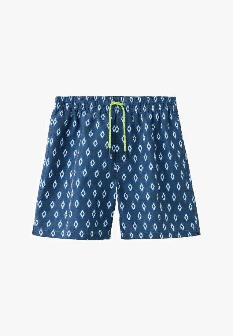 Mørkeblå badeshorts med hvide diamantmønstre og en limegrøn snor i elastisk taljebånd.