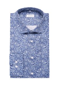 Camicia blu con motivi paisley e floreali bianchi, bottoni bianchi e colletto ripiegato.