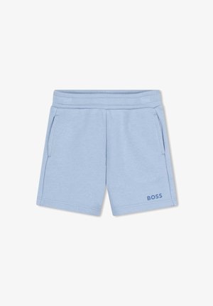 Shorts de sport bleu clair en mélange de coton doux, avec une taille élastique, des poches latérales et un logo "BOSS" en bleu foncé.