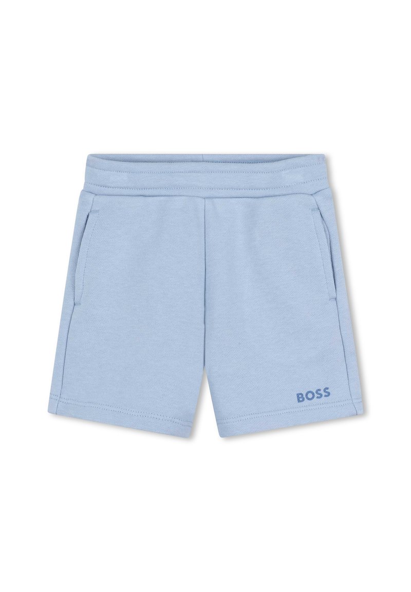 Shorts de sport bleu clair en mélange de coton doux, avec une taille élastique, des poches latérales et un logo "BOSS" en bleu foncé.