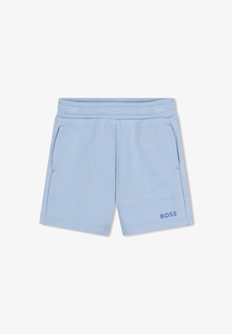 Lichtblauwe sportshorts van een zachte katoenmix, voorzien van een elastische tailleband, zijzakken en een "BOSS"-logo in donkerblauw.
