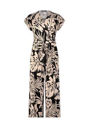 Jupe-pantalon à imprimé floral noir et beige avec des manches courtes, un décolleté en V, une taille cintrée et des jambes larges et amples. Présente des motifs de feuilles et de fleurs tropicales.