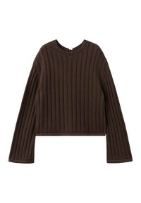 Brauner gerippter Strickpullover mit rundem Ausschnitt und langen Ärmeln, mit einer verkürzten Länge und strukturierten Stoffdetails.