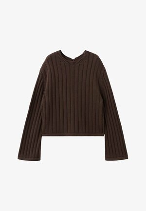 Rjava pulover z rebrasto pletenino, okroglim izrezom in dolgimi rokavi, s kratko dolžino in teksturiranimi detajli tkanine.