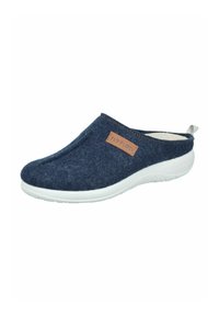 Scarpa slip-on in felt blu navy con suola sintetica bianca, caratterizzata da un'etichetta in pelle e una punta arrotondata. Texture liscia con dettagli di cucitura minimi.