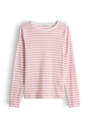 Striped long-sleeve top with a rounded neckline. Pink and white alternating stripes. Soft texture with ribbed fabric. Features raglan sleeves.