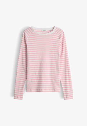 Top a maniche lunghe a righe con scollatura arrotondata. Righe alternanti rosa e bianche. Tessuto morbido con trama a costine. Presenta maniche raglan.