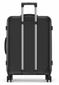 Schwarzer Hartschalenkoffer mit einem teleskopierbaren silbernen Griff, glatten Rollen und einem minimalistischen Design. Seiten Griff für einfaches Heben.