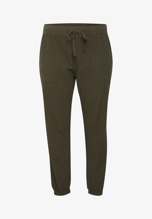 Olivgrüne Jogginghosen mit einem elastischen Bund, Kordelzugverschluss und zwei Fronttaschen. Schmal zulaufendes Bein-Design mit elastischen Bündchen an den Knöcheln.