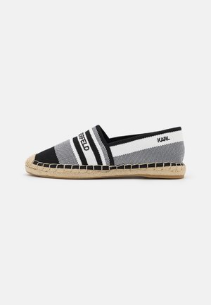 Czarno-białe espadryle wsuwane w paski z plecioną jutową podeszwą i napisem „KARL LAGERFELD” na górnych bokach.