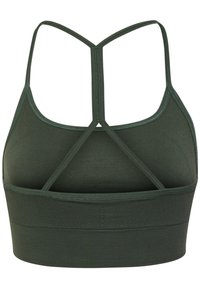 Donkergroen sportbeha met een racerback ontwerp, textuurband aan de onderkant en platte naden voor comfort.