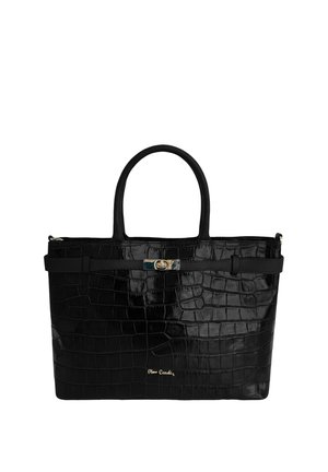Borsa a mano in pelle nera lucida con motivo coccodrillo, due manici, una fascia frontale con fibbia color oro e un piccolo logo dorato al centro in basso.