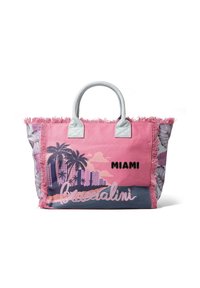 Bolso tote rosa con flecos, que presenta un gráfico de Miami, palmeras y patrones florales. Tiene asas grises y diversas texturas.
