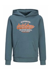 Sudadera con capucha en mezcla de algodón en color teal, con un bolsillo tipo canguro en la parte frontal y el logo "Jack & Jones" en naranja y blanco. Corte regular.