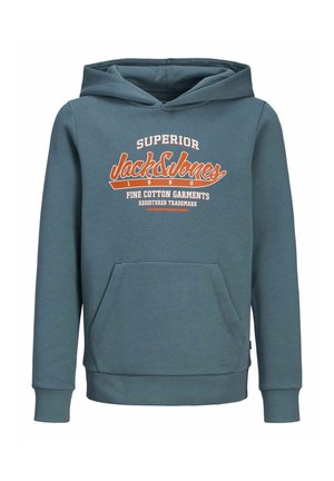 Sweat à capuche en mélange de coton teal, avec une poche kangourou à l'avant et un logo "Jack & Jones" en orange et blanc. Coupe régulière.